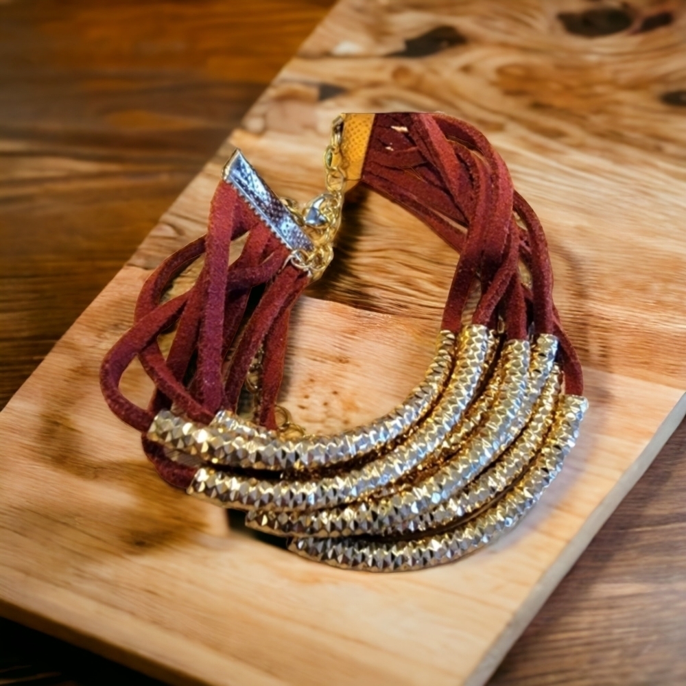 Red and Gold Leather Bracelet
